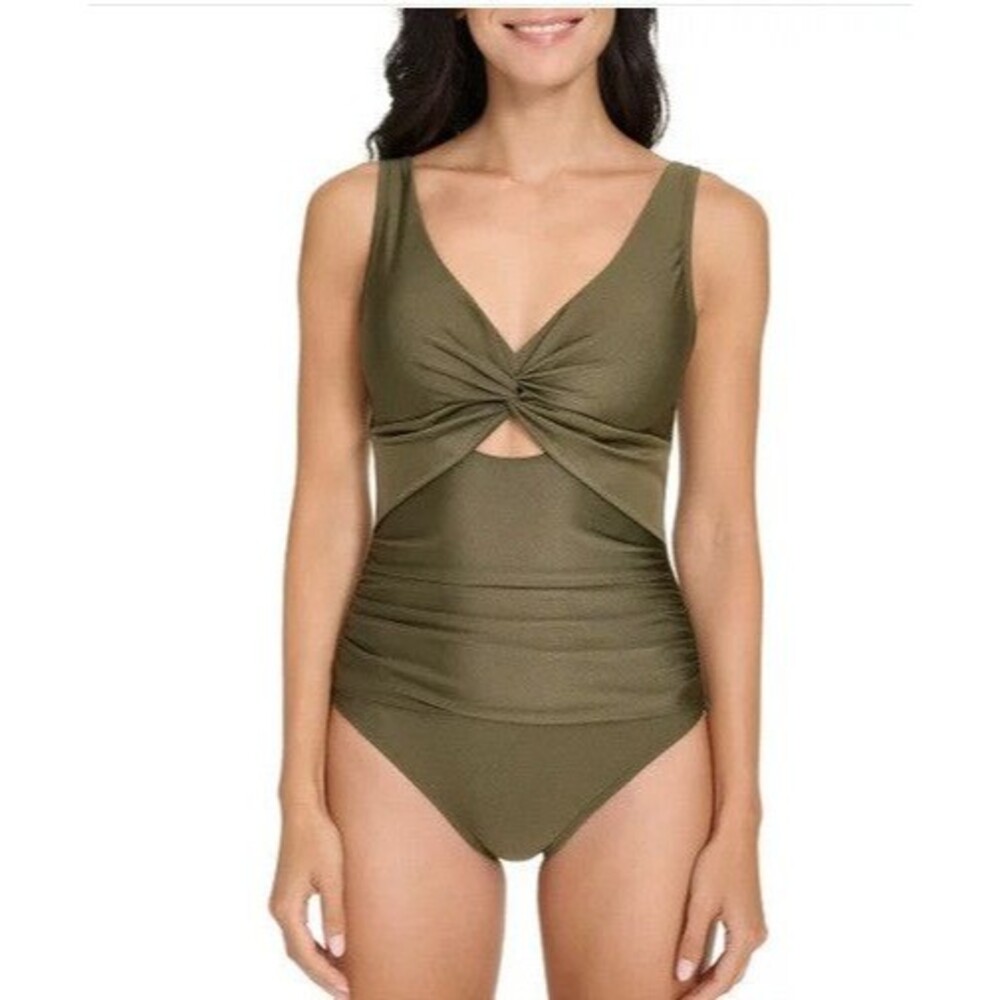 DKNY 3XL Shirred Keyhole Detail One-Piece Swimsuit Green Moss Shimmer NWT